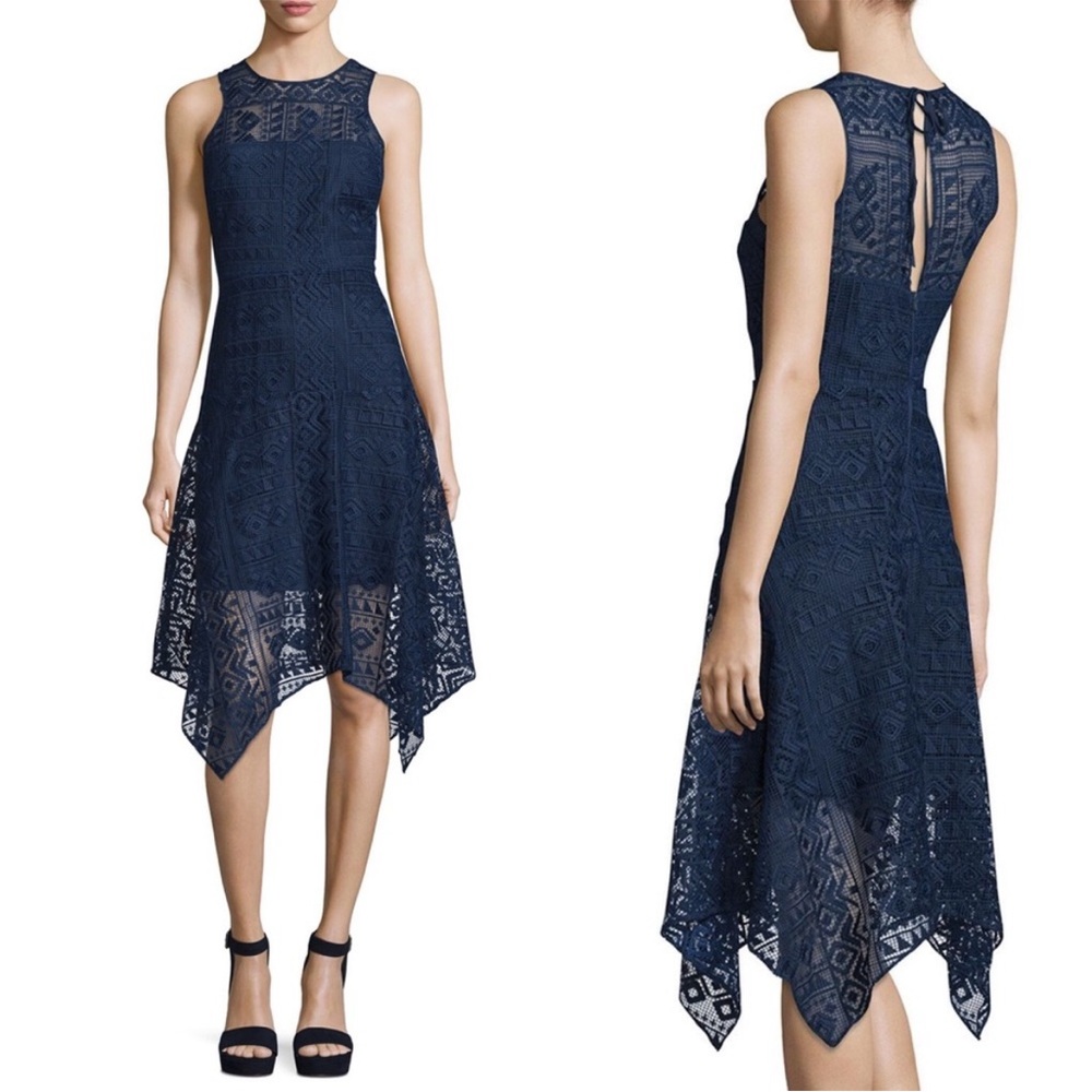 Parker Melissa Navy Blue Geometric Knit Crochet Sleeveless Handkerchief Dress M - Picture 13 of 13